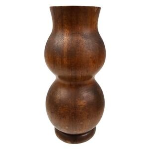 Vintage Hand Turned Solid Wood Vase‎ Double Bulbous Gourd Shape Dark Brown 9.5in